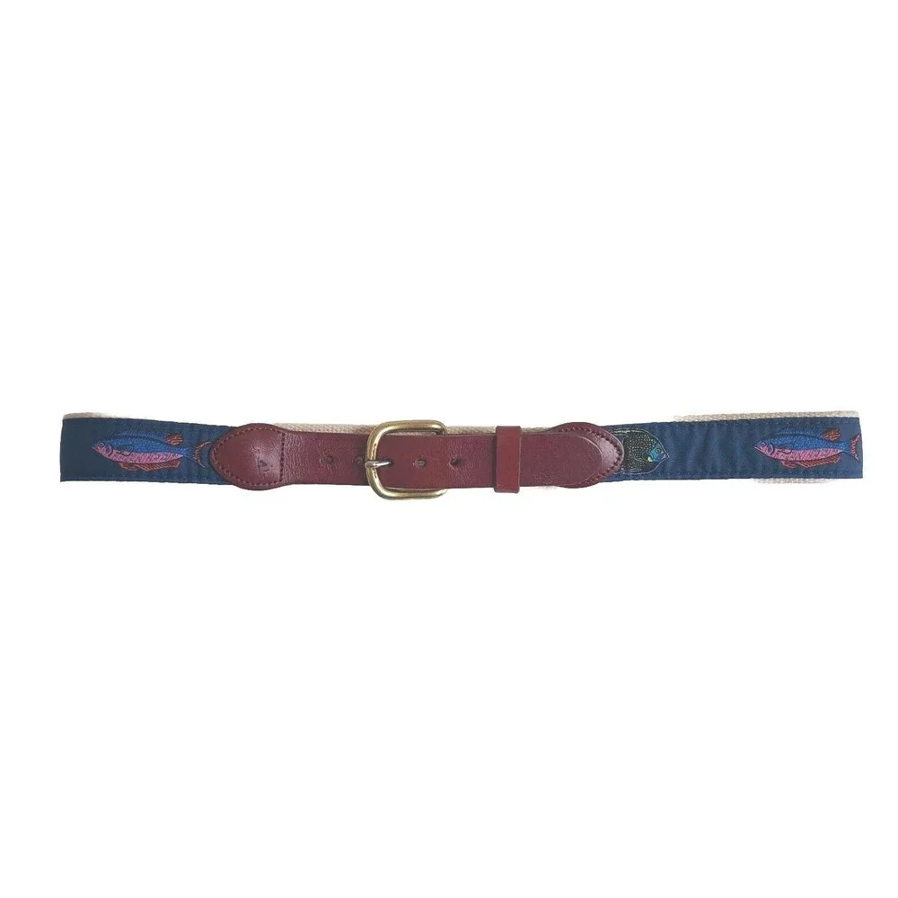 Leather Man LTD Essex CT Belt Men’s 30 Tan Canvas Navy Fish Brown Leather USA